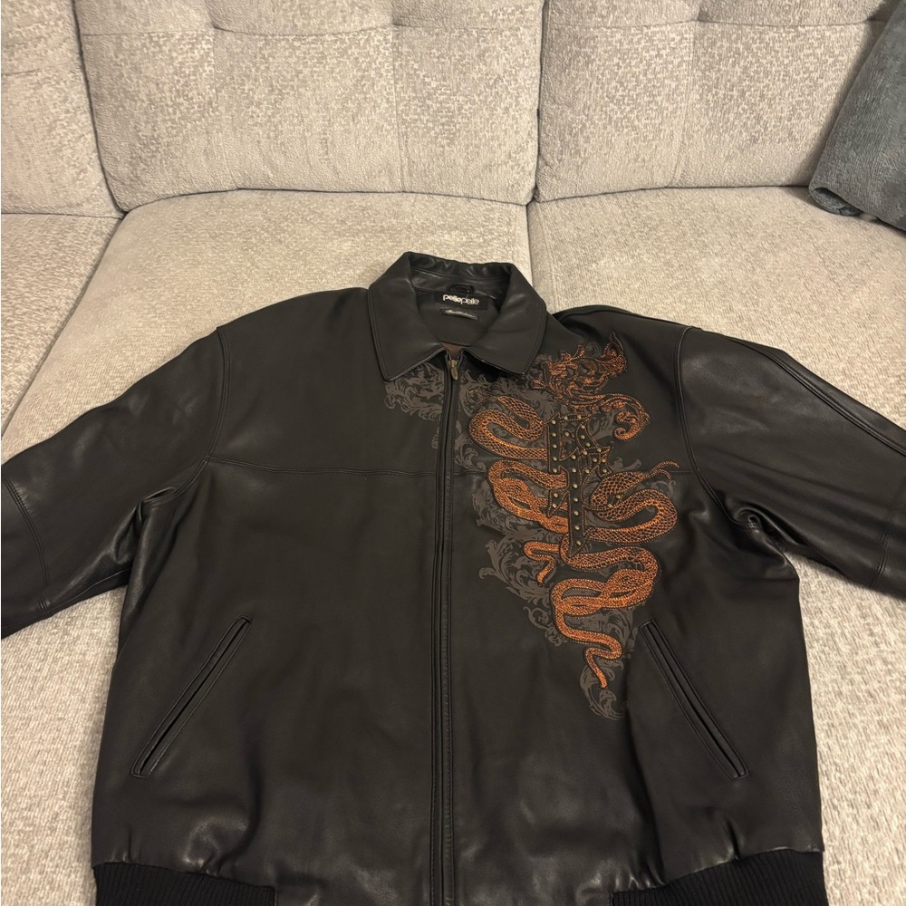 Pelle Pelle Black Leather Bomber Jacket with Orange Design